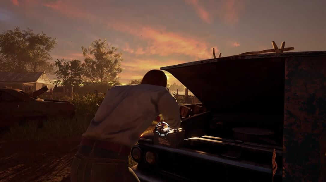 Leland desligando a bateria do carro - Foto: Reprodução / The Texas Chain Saw Massacre / Gun Interactive