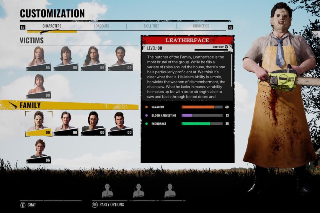 Tela de customização dos personagens - Foto: Reprodução / The Texas Chain Saw Massacre / Gun Interactive
