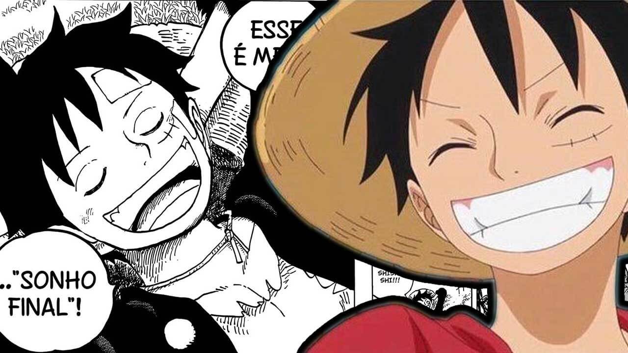 Personagem Luffy de one piece sorrindo com a imagem do manga ao fundo