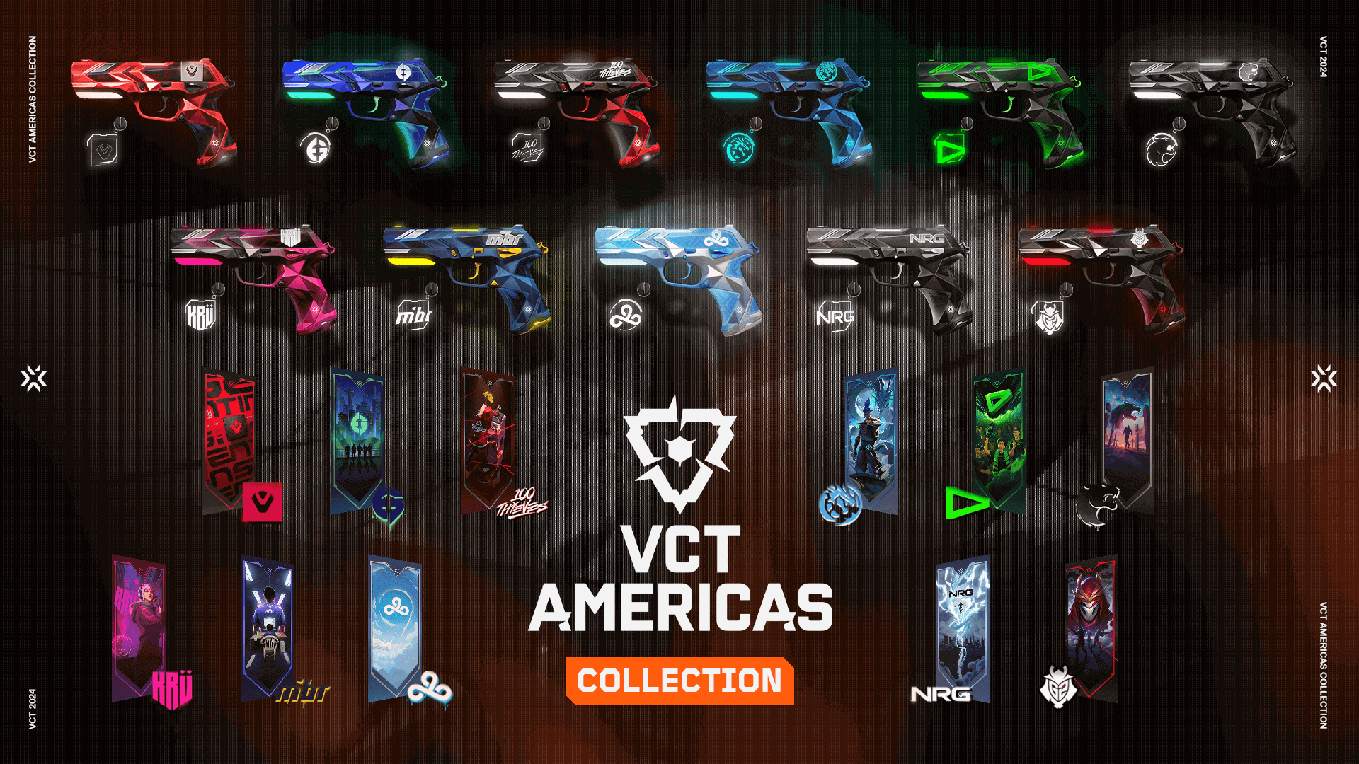 Todas as skins de classic e cards das 11 equipes do VCT Americas.