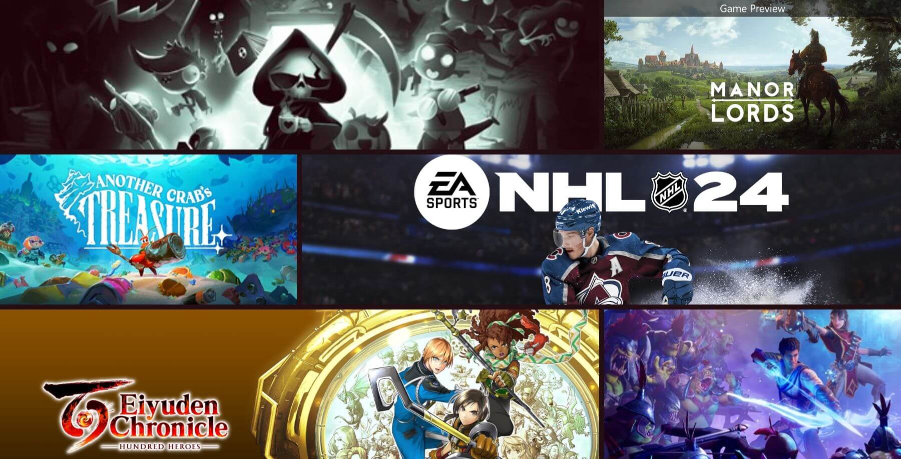 Capas dos jogos Have A Nice Death, Manor Lords, Another Crab’s Treasure, EA Sports NHL 24 - EA Play, Eiyuden Chronicle Hundred Heroes e Orcs Must Die 3