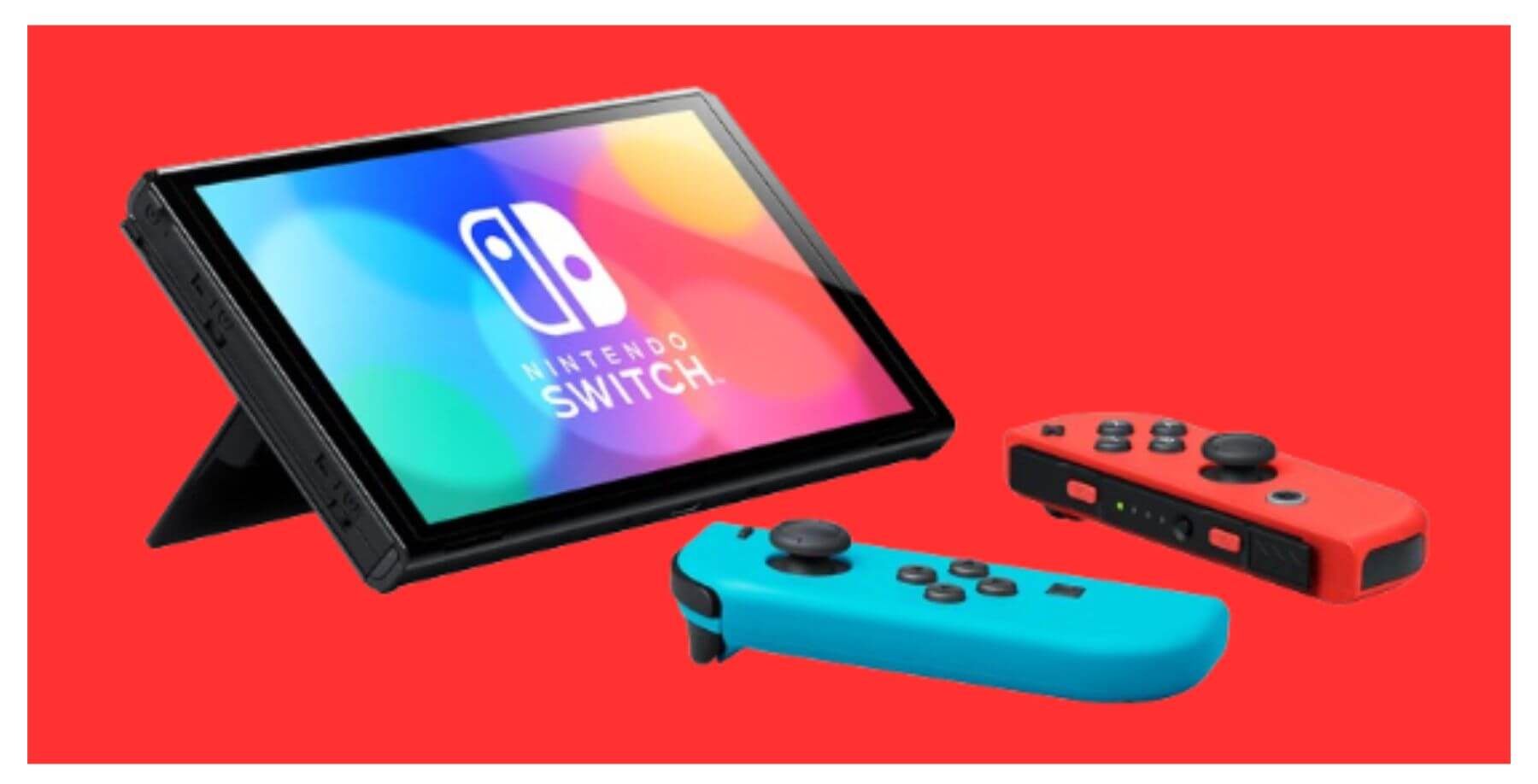 Fundo vermelho, com bordas brancas e um console do Nintendo Switch ao centro